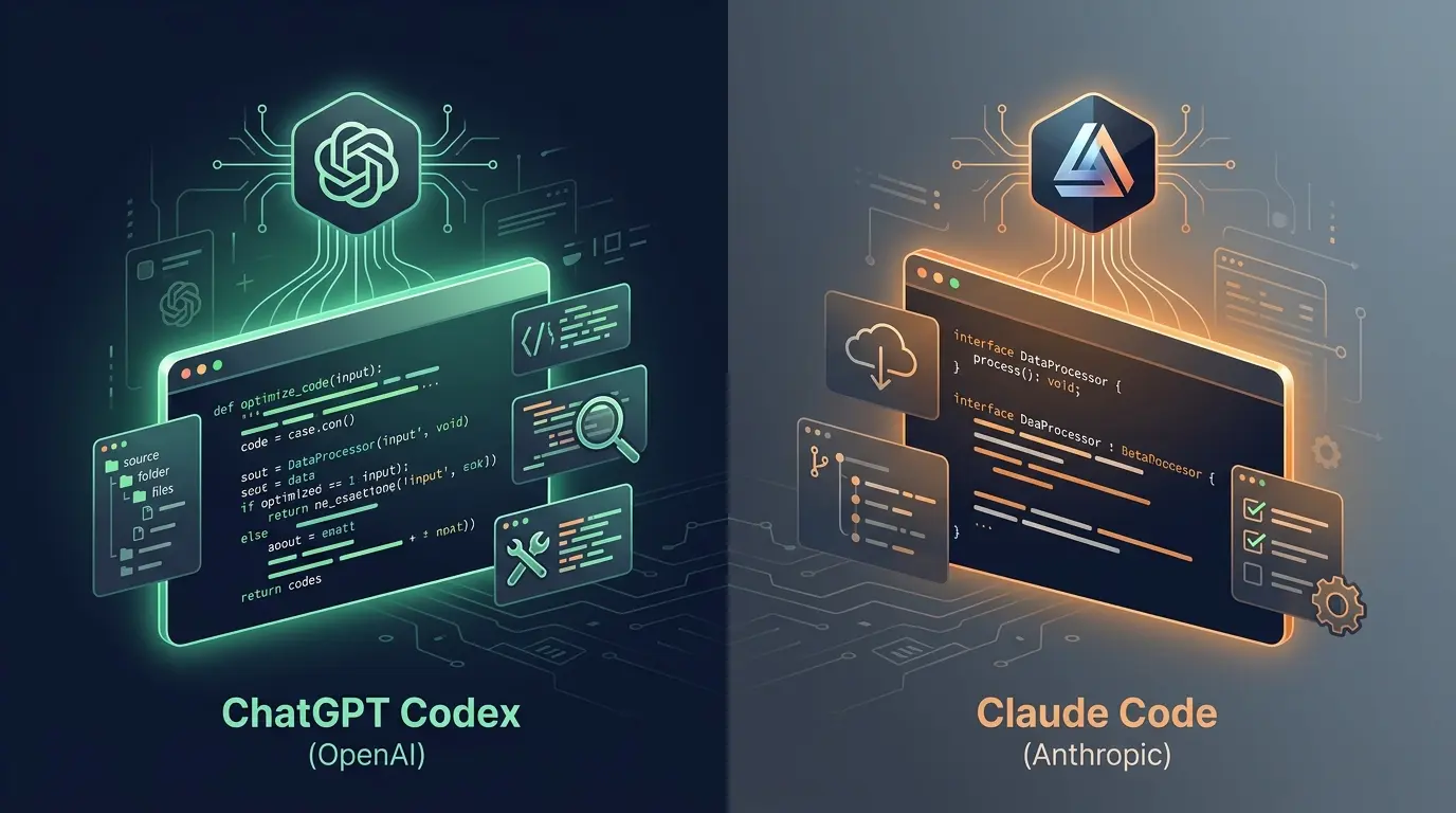 Split-screen visual of the Claude Code and ChatGPT Codex CLI agents working side by side in a developer terminal.
