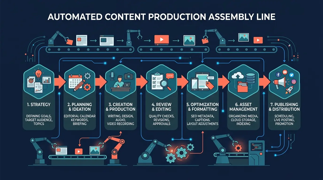 7-step AI content pipeline flowchart from strategy to publishing