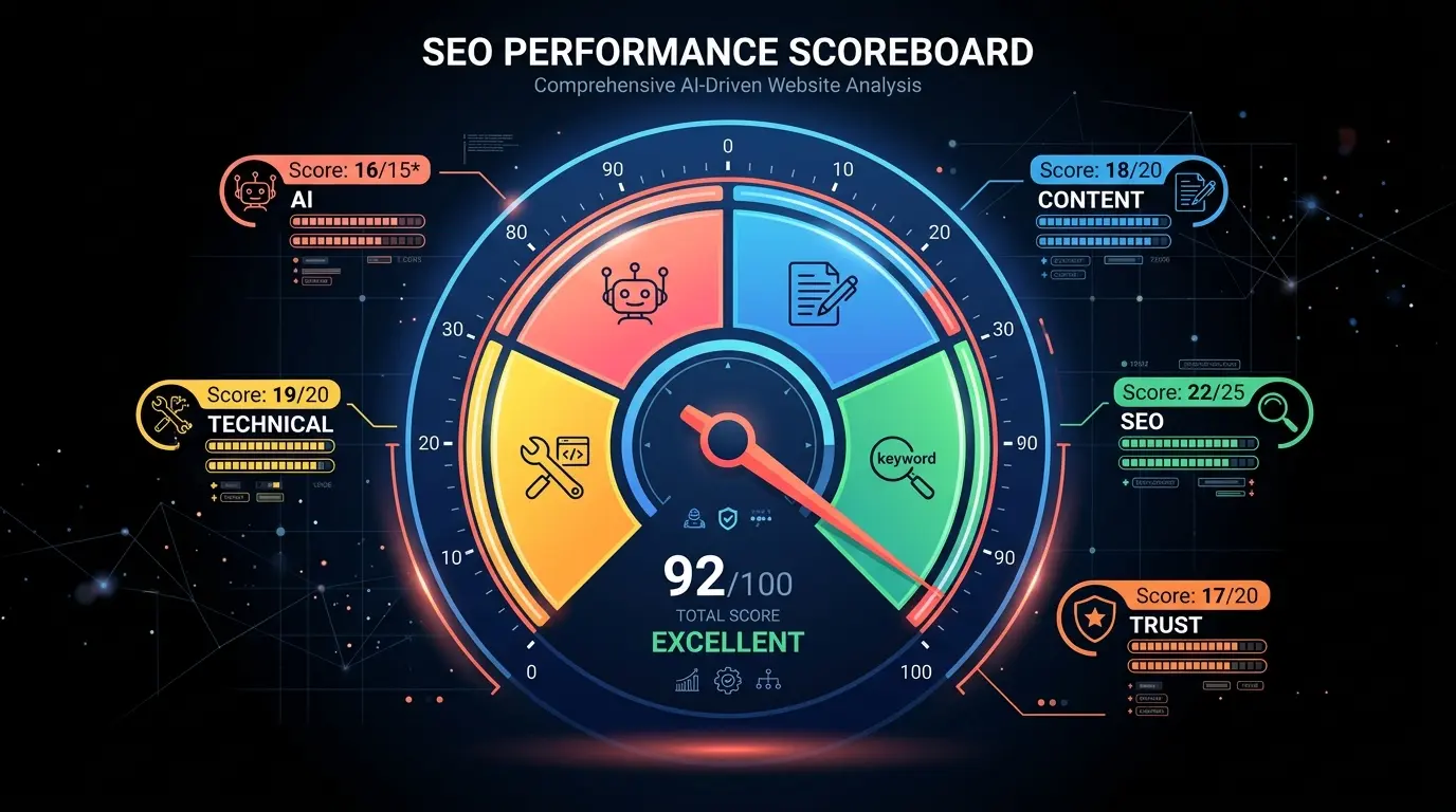 100-point content scoring gauge with 5 weighted categories